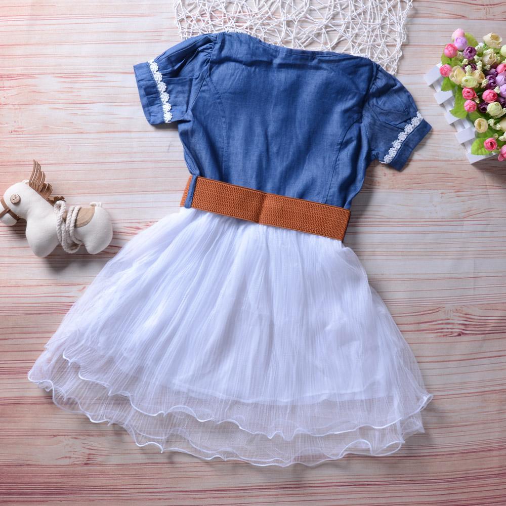 Fashionable Short Sleeve Denim Bow Belt Princess Mesh Skirt - PrettyKid