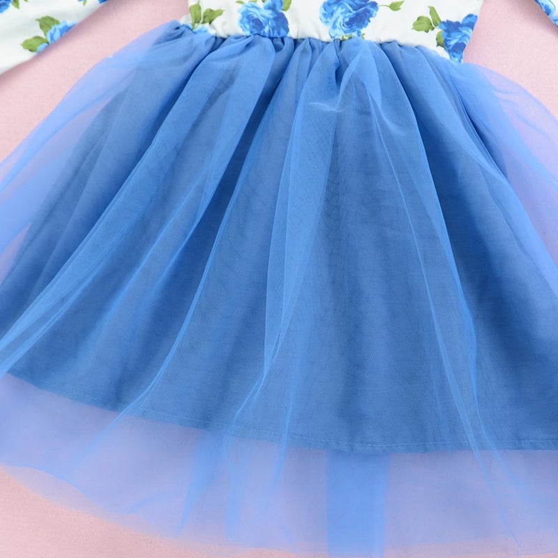 Girl's Blue Mesh Long Sleeve Round Neck Dress Print Princess Dress - PrettyKid