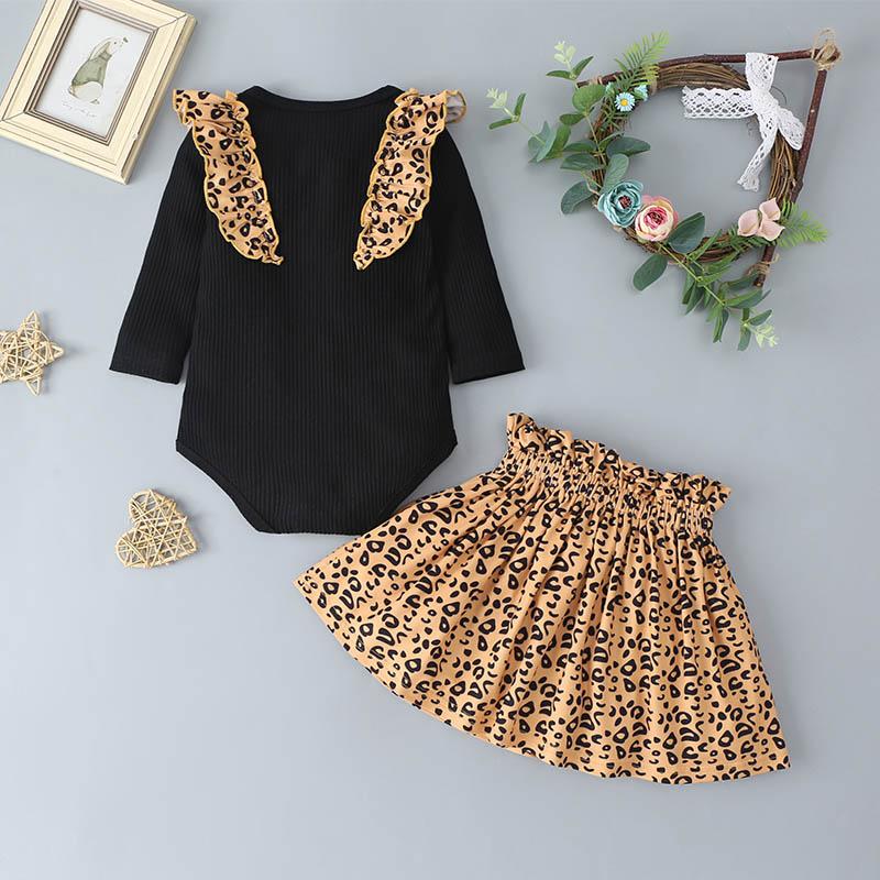 Stylish Solid Color Ruffled Top & Leopard Short Skirt - PrettyKid