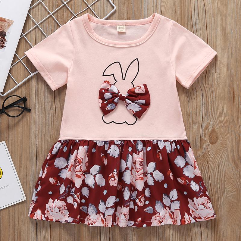 Summer Small And Medium Girls Rabbit Bow Short-Sleeved Printed Dress - PrettyKid