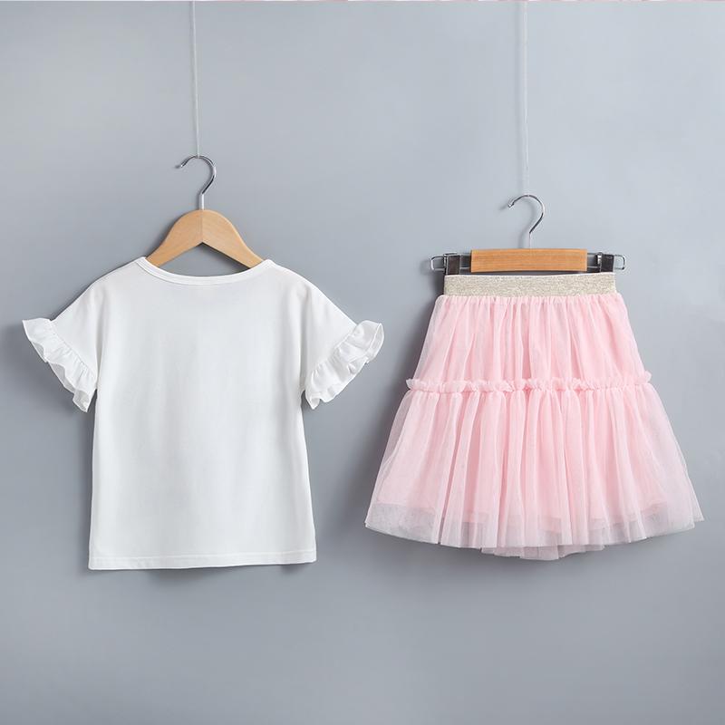 Toddler Girl Cartoon Unicorn Print Lace Top & Solid Color Mesh Skirt - PrettyKid