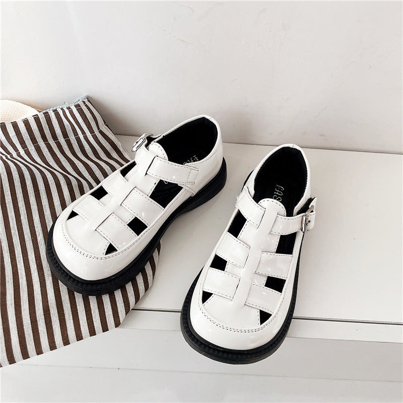 British Style Cutout Buckled Slip-Resistant Leather Girls Shoes Sandals Wholesale - PrettyKid