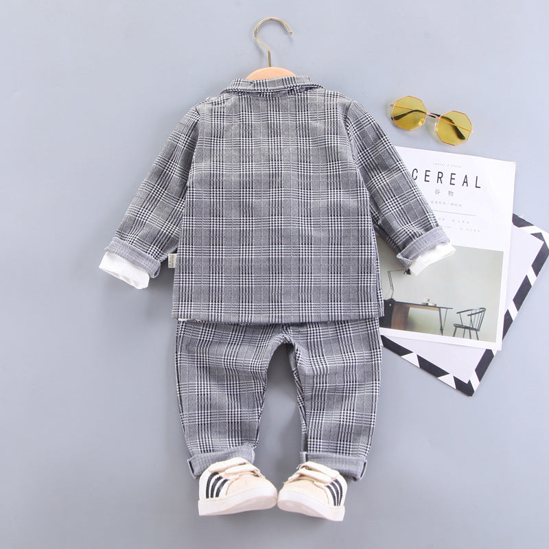 9-24Months Baby Boys Vest False 2-Piece Set Of Tops Bottoming Shirt And Fine Plaid Jacket And Pants 3-Piece Sert Wholesale Childrens Clothing In Bulk - PrettyKid