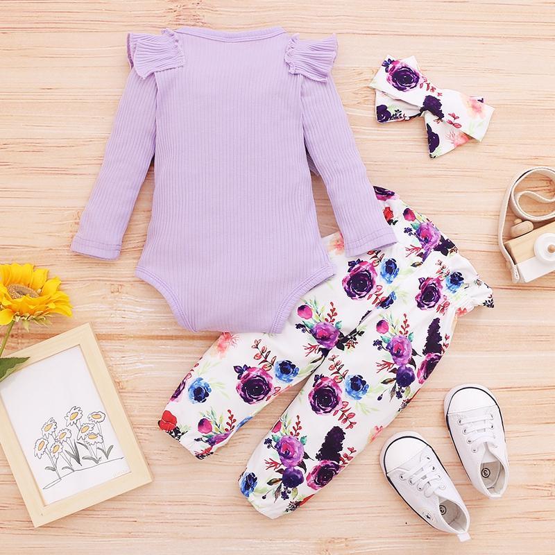 3pcs Leaf Sleeve Bodysuit and Pants Set - PrettyKid