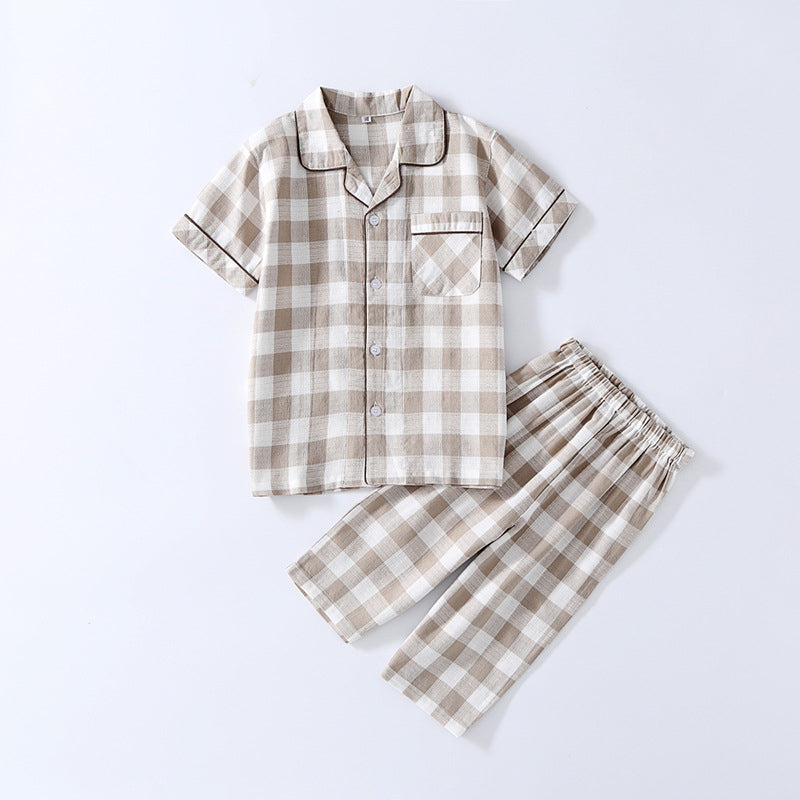 3-9Y Jacquard Gingham Short-Sleeved Cropped Loungewear Pajama Set For Boys Wholesale Kids Boutique Clothing - PrettyKid