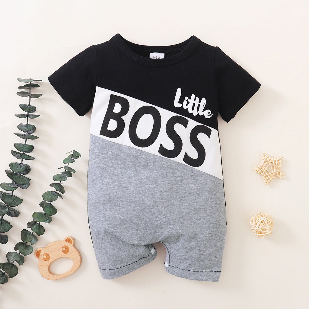 0-12M Colorblock Short Sleeve Baby Boy Jumpsuit Letter Print Wholesale Baby Clothes In Bulk - PrettyKid