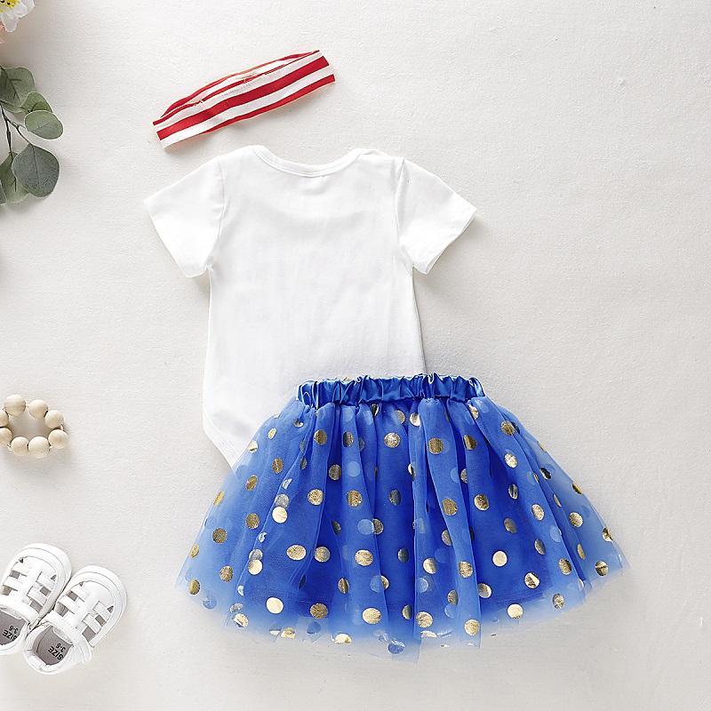 Baby Girl Independence Day Romper & Tutu Mesh Skirt & Bowknot Headband - PrettyKid