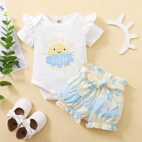 Baby Girl Cartoon Sun Cloud Pattern Bodysuit & Starry Sky Print Shorts - PrettyKid