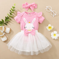 Baby Girl Rabbit Pattern Romper & Mesh Skirt & Bowknot Headband - PrettyKid