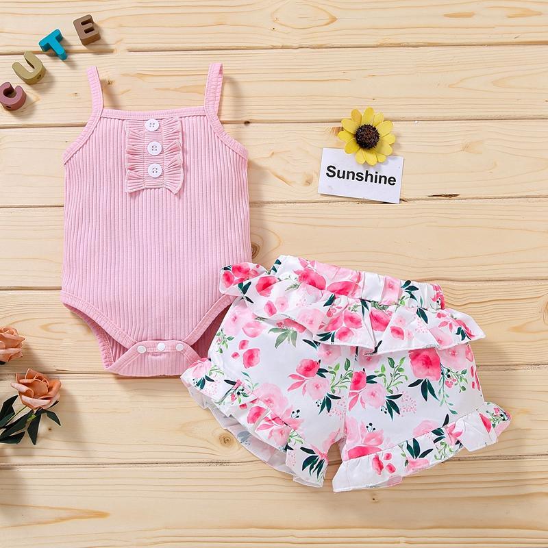 Baby Girl Floral Pattern Summer Suit Strap Top & Printed Pants - PrettyKid