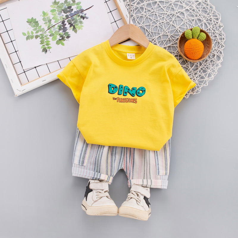 9months-3years Toddler Boy Sets Children's Clothing Suits Letters Cartoon Short-Sleeved T-Shirt & Striped Shorts - PrettyKid