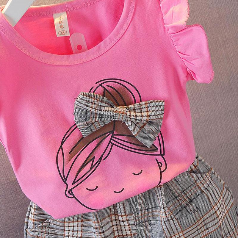 2pcs Sweet Plaid Little Girl Print T-shirt and Pants - PrettyKid