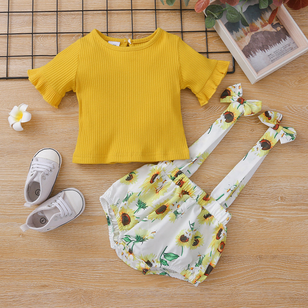 3-18M Baby Girls Clothes Sets Ribbed Tops & Sunflower Print Suspender Shorts Wholesale Baby Clothing - PrettyKid