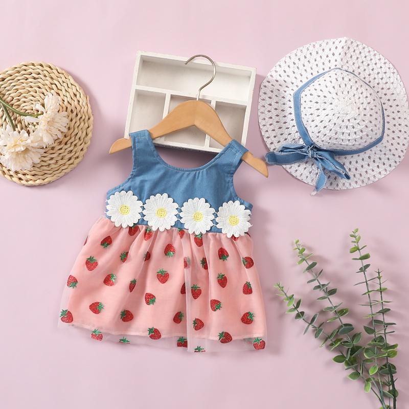 Grow Girl Strawberry Pattern Mesh Hem Dress & Straw Hat - PrettyKid