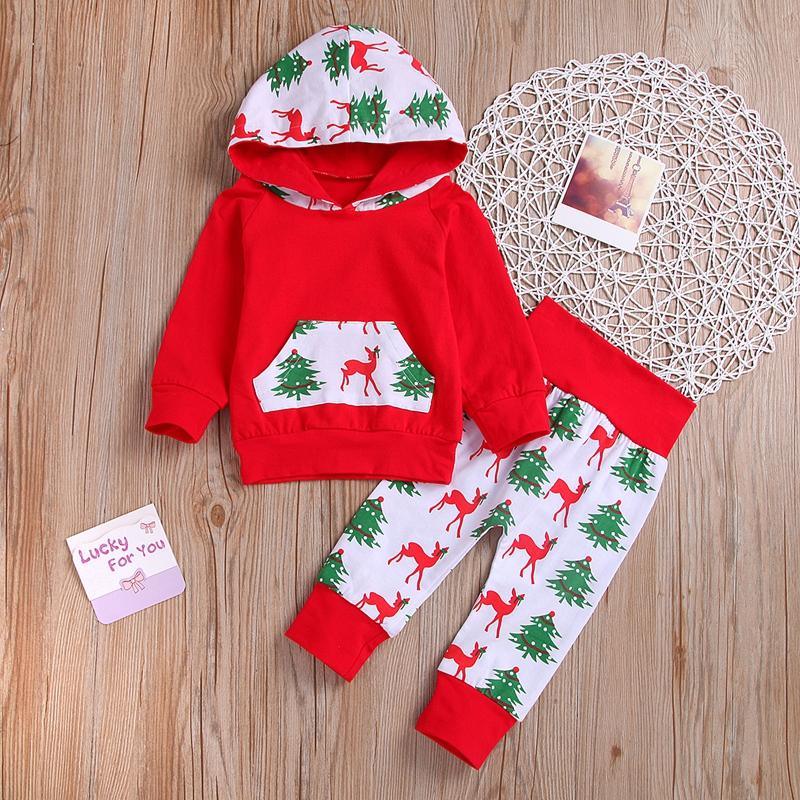 2-piece Elk and Tree Printed Hoodie and Pants Set - PrettyKid