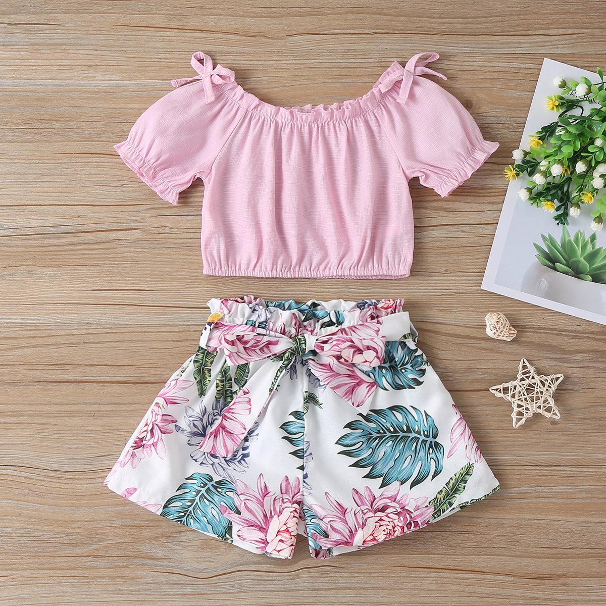 18M-6Y Toddler Girls Outfits Sets Off-Shoulder Top & Flower Print Shorts Wholesale Sunny Girl Clothing - PrettyKid