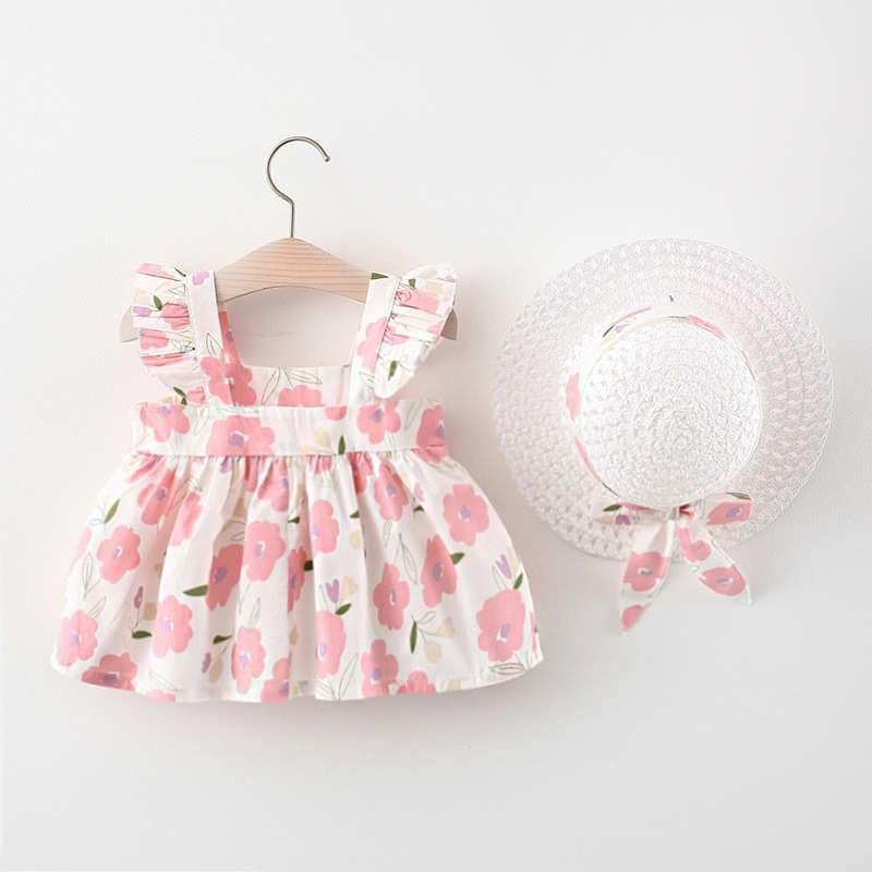 Baby Girl Floral Print Dress & Straw Hat - PrettyKid