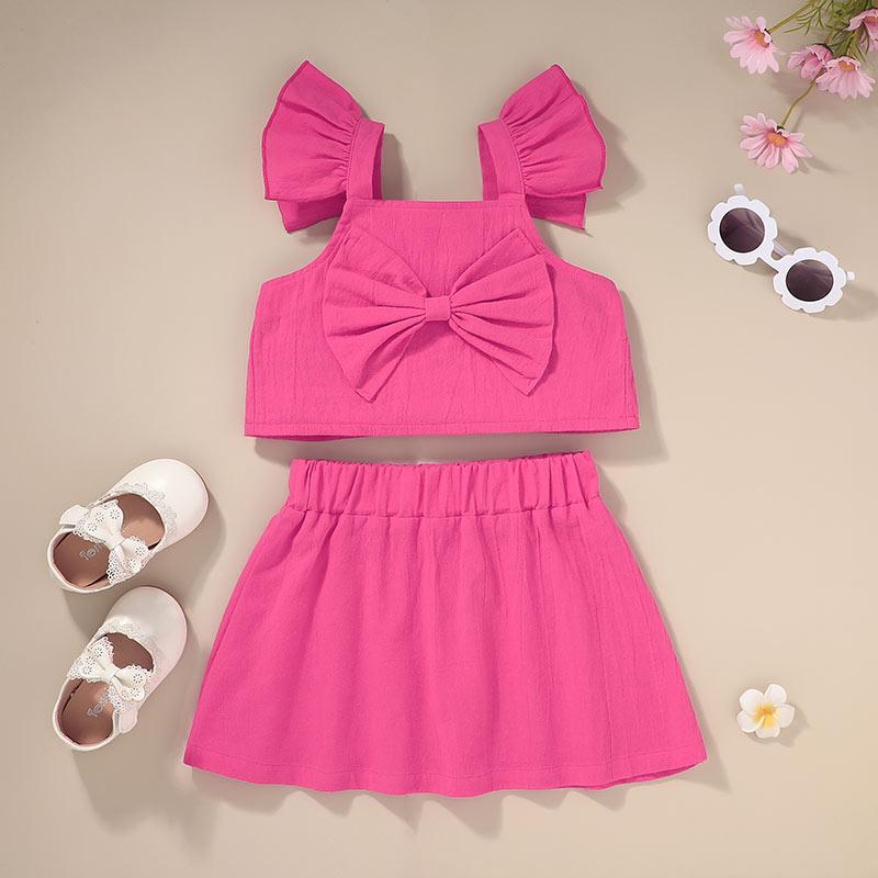 Toddler Girl Solid Color Bow Decor Ruffle Armhole Top & Skirt - PrettyKid