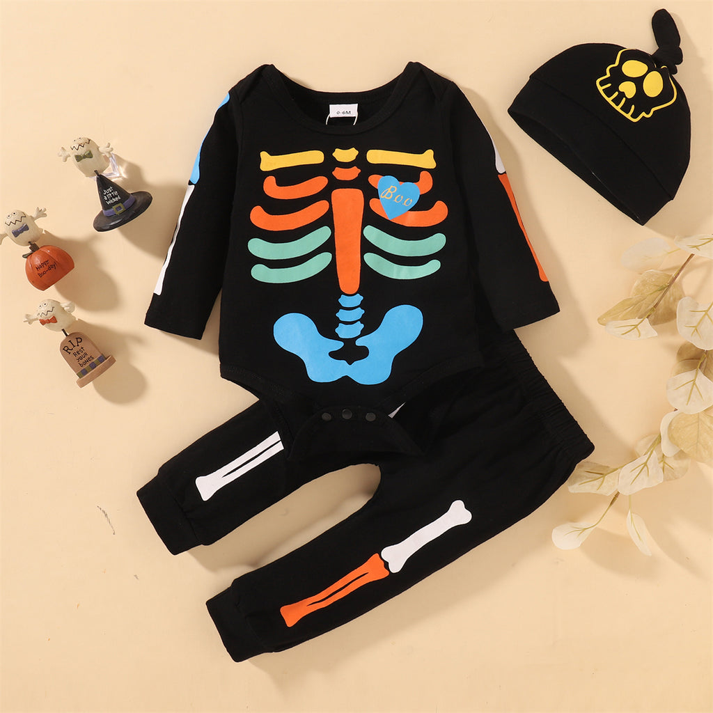 Baby Boys Cartoon Skeleton Printed Long Sleeve Jumpsuit Pants Hat Three Piece Set - PrettyKid