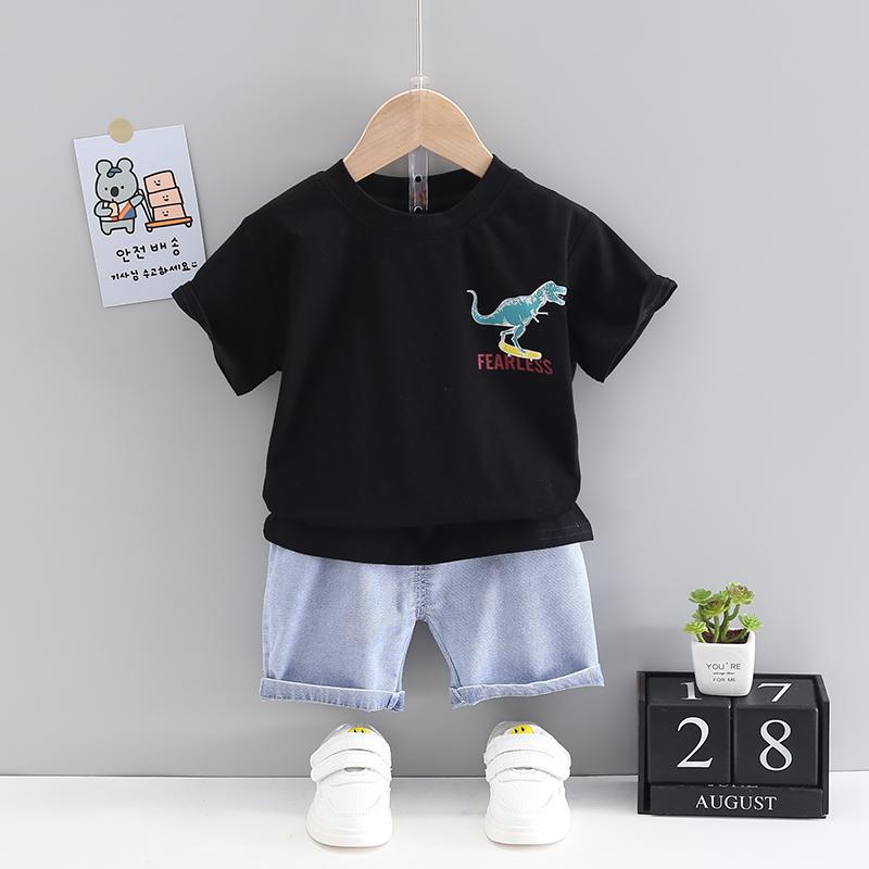 Toddler Boy Dinosaur Letter Patten Top & Denim Shorts Children's Clothing - PrettyKid