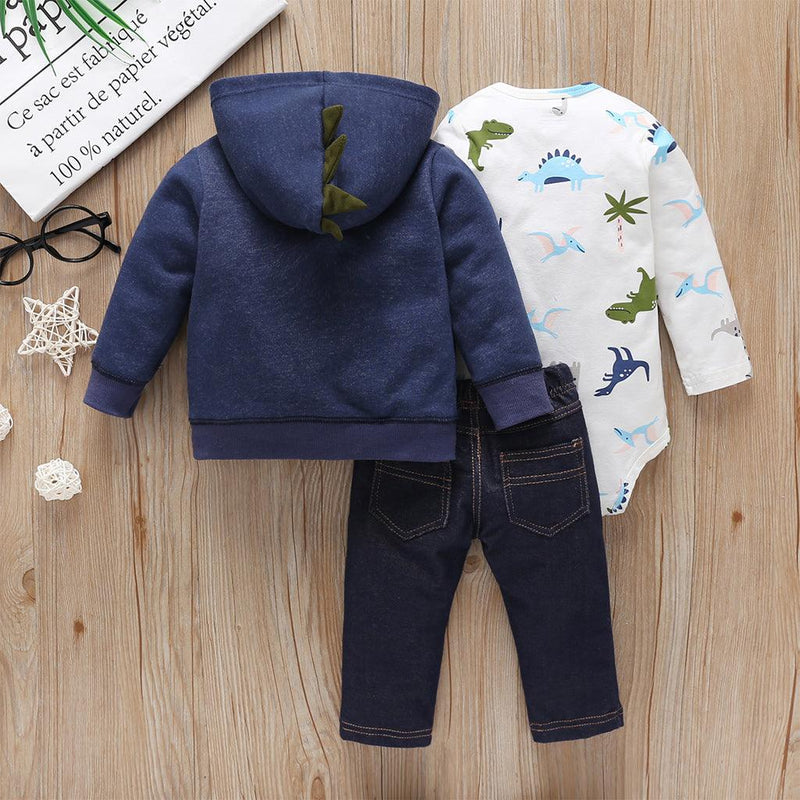 Baby Boys Cartoon Dinosaur Printed Vest Coat Bodysuit Pants Set Trendy Baby Clothes Wholesale - PrettyKid