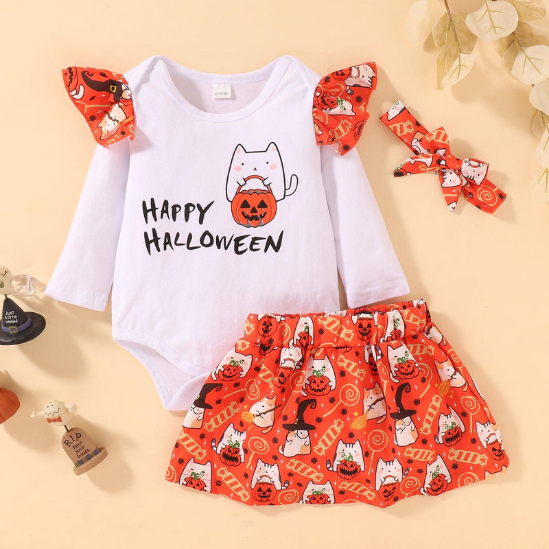 Toddler Girls Solid Color Long Sleeve Pumpkin Print Skirt and Scarf Three Piece Set - PrettyKid