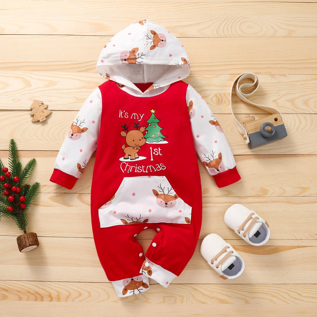 0-12M Baby Onesies Christmas Patchwork Cartoon Pine Letters Print Long Sleeve Hooded Romper Wholesale Baby Clothes - PrettyKid