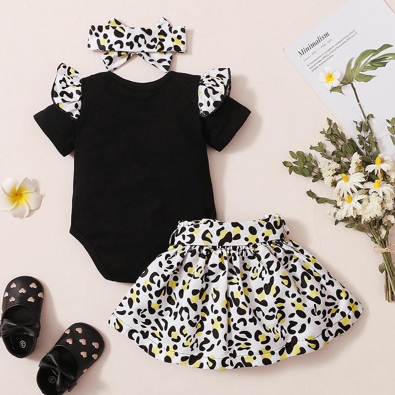 Baby Girl Ruffle Romper & Leopard Print Skirt & Bowknot Headband - PrettyKid