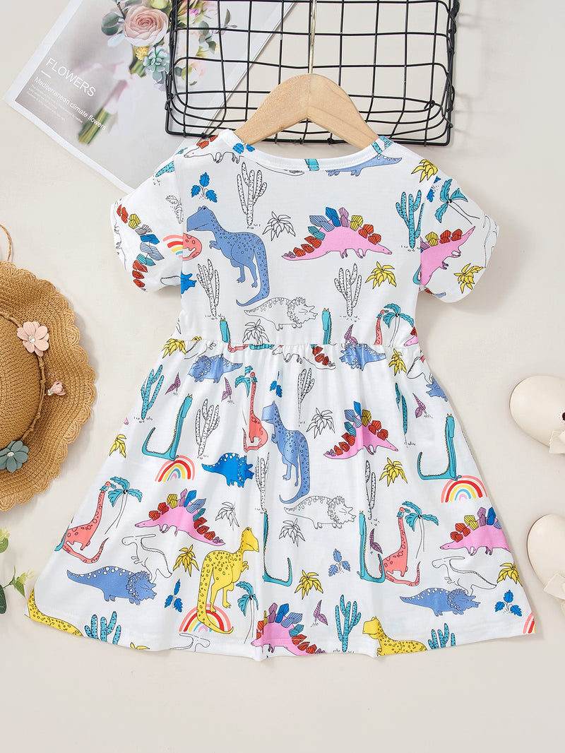 18M-6Y Toddler Girls Dinosaur Print Shorts-Sleeve Dresses Trendy Girl Clothes Wholesale - PrettyKid