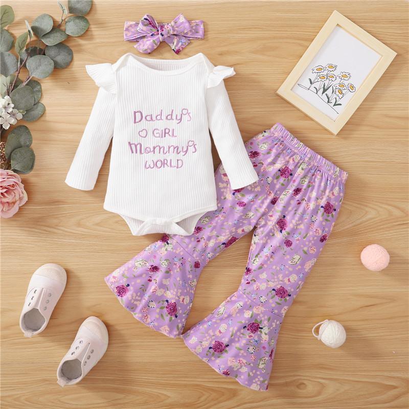 kids clothing suppliers Baby Girl Letter Print Ribbed Bodysuit & Floral Print Flare Pants & Headband Wholesale Children's Clothing - PrettyKid