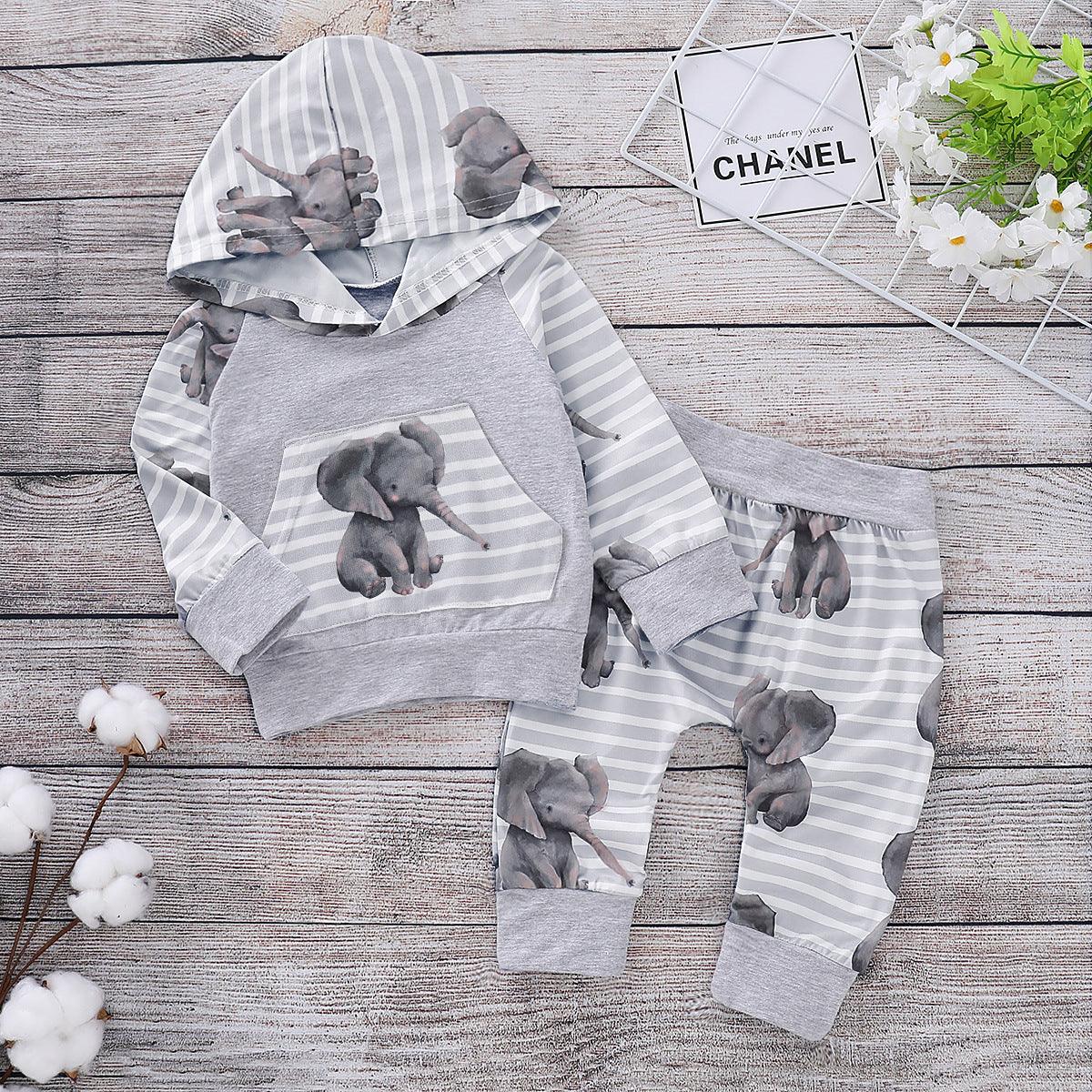 Toddler Boys Long Sleeve Striped Elephant Hoodie Suit - PrettyKid