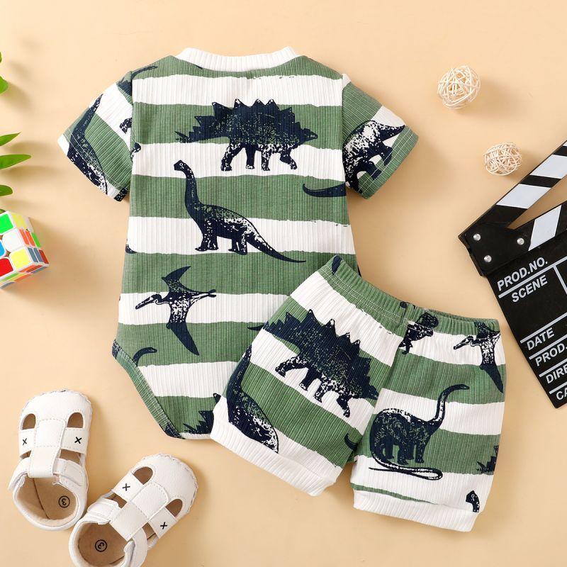 Baby Boy Dinosaur Print Striped Bodysuit & Shorts - PrettyKid