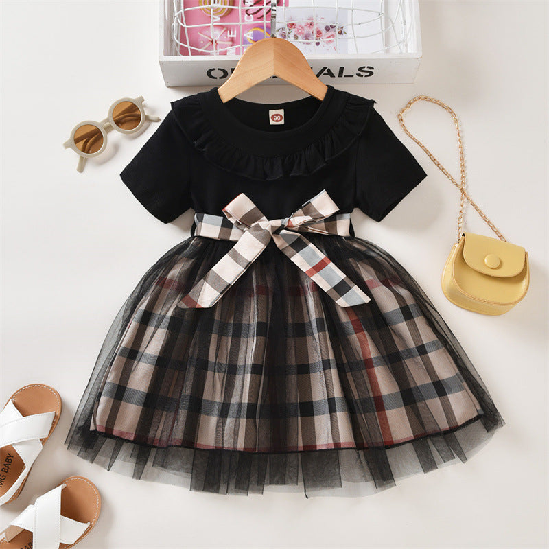 18M-6Y Toddler Girls Mesh Plaid Short-Sleeve Belted Dresses Wholesale Little Girl Clothing - PrettyKid