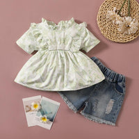 Toddler Girl Floral Top & Denim Shorts - PrettyKid