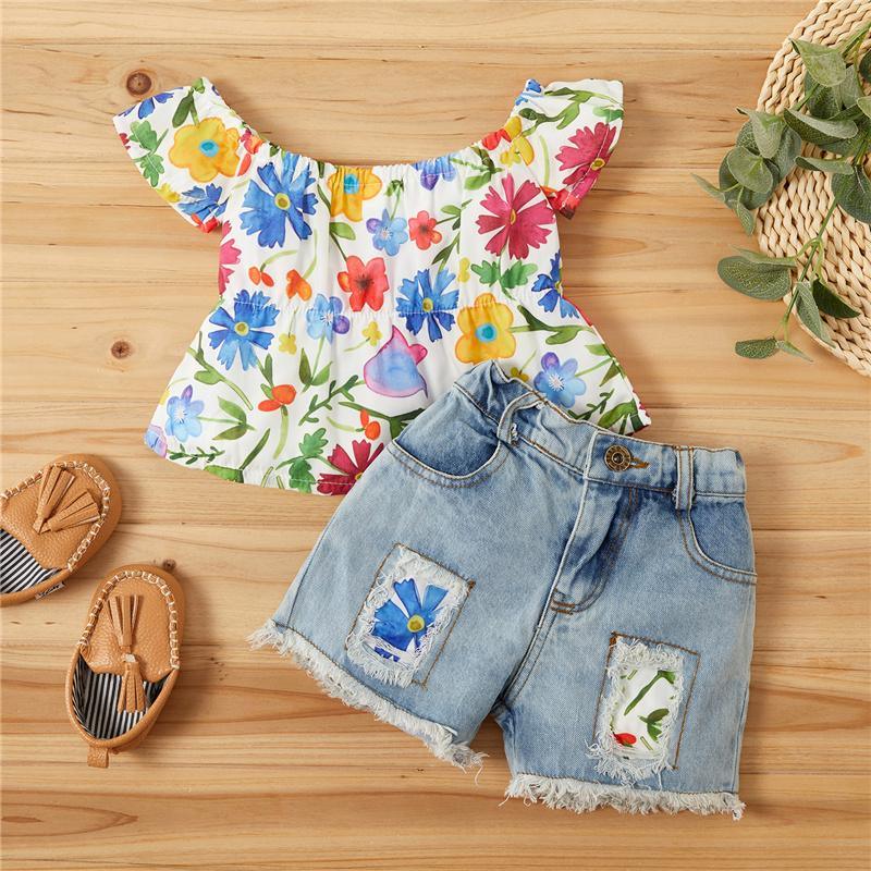 Grow Girl Floral Print Top & Denim Shorts - PrettyKid