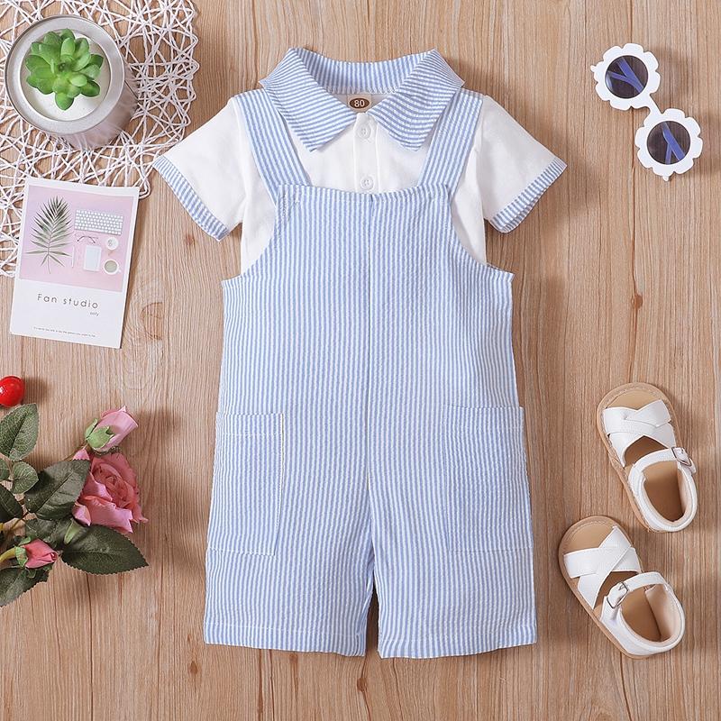 Baby Boy Color-block Shirt & Striped Overalls - PrettyKid