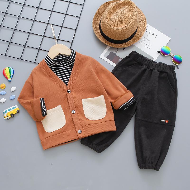 3-piece Pocket Design Cardigan & Striped Sweatshirt & Pants for Children Boy - PrettyKid