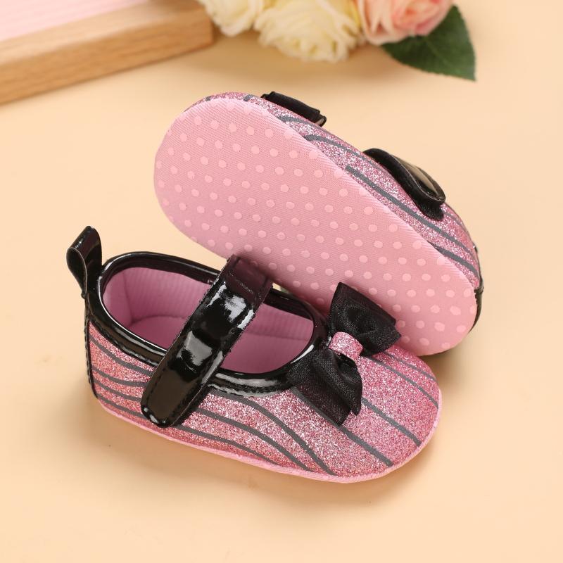 Baby Girl Bowknot Decor Striped Velcro Strap Shoes - PrettyKid