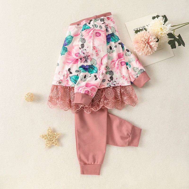 Toddler Girls Casual Floral Lace Top & Pants Suit - PrettyKid