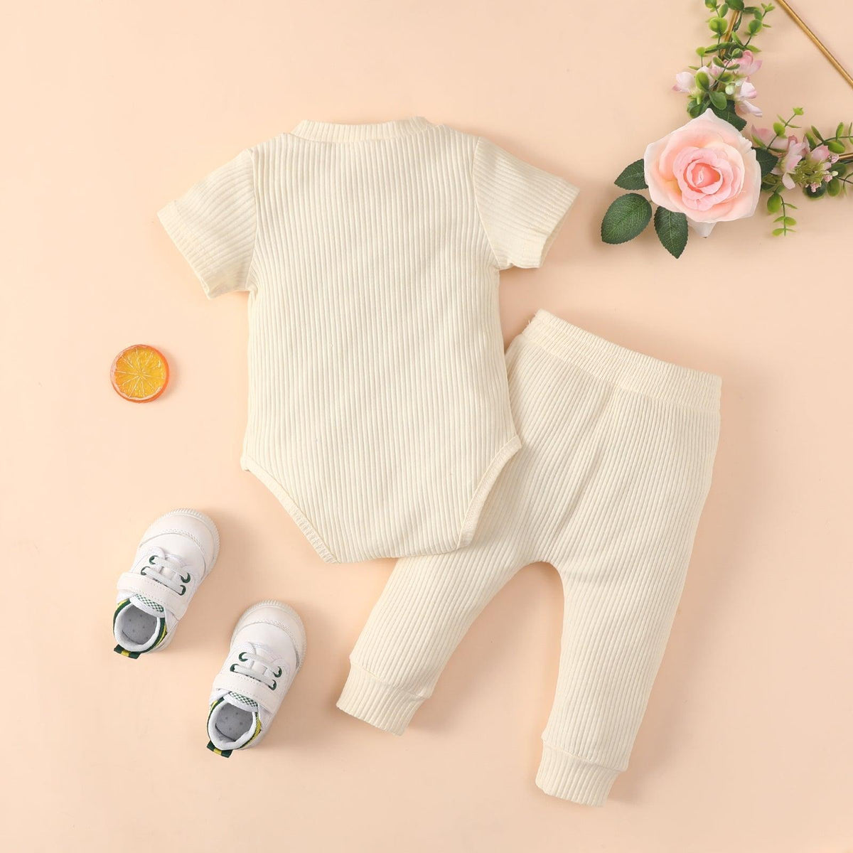 Baby Boy Short-Sleeve Solid Ribbed Bodysuit And Trousers Baby Outfit Sets - PrettyKid