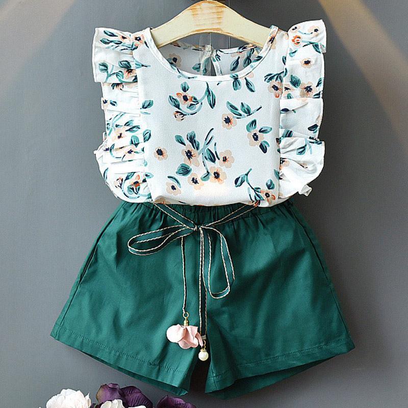 2-Piece Floral Ruffled Top and Solid Belted Shorts - PrettyKid