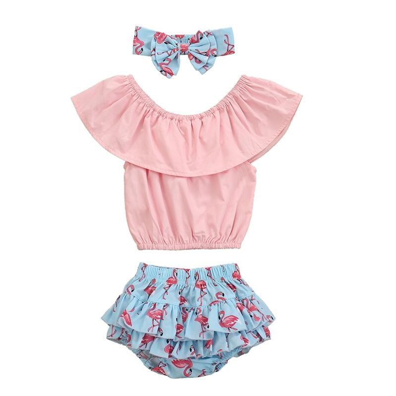 Baby Girl Ruffle Collar Top & Flamingo Print Layered Shorts & Headband - PrettyKid