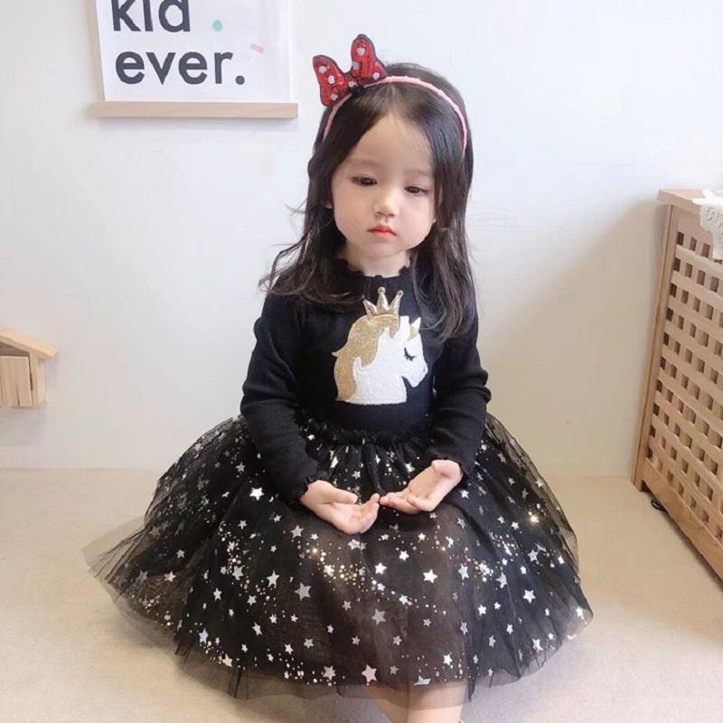 Cartoon Long-sleeved Star Pattern Mesh Dress for Toddler Girl - PrettyKid
