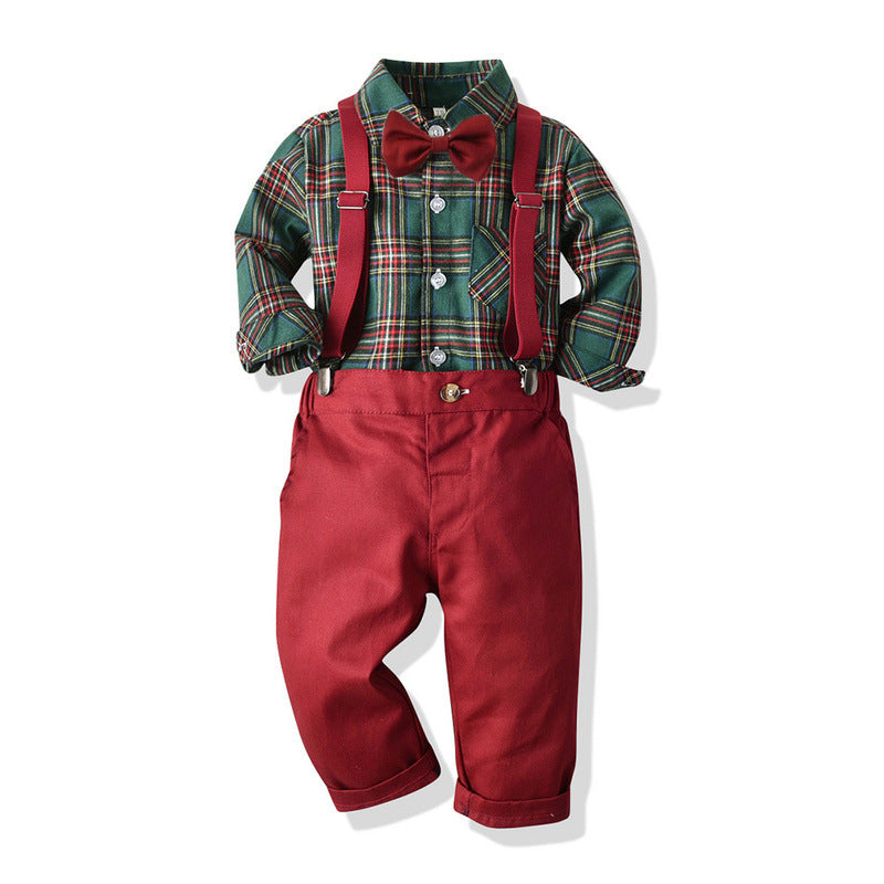 Boys Color Contrast Plaid Top Bow Tie And Plain Suspender Pants Wholesale Toddler Boy Sets - PrettyKid