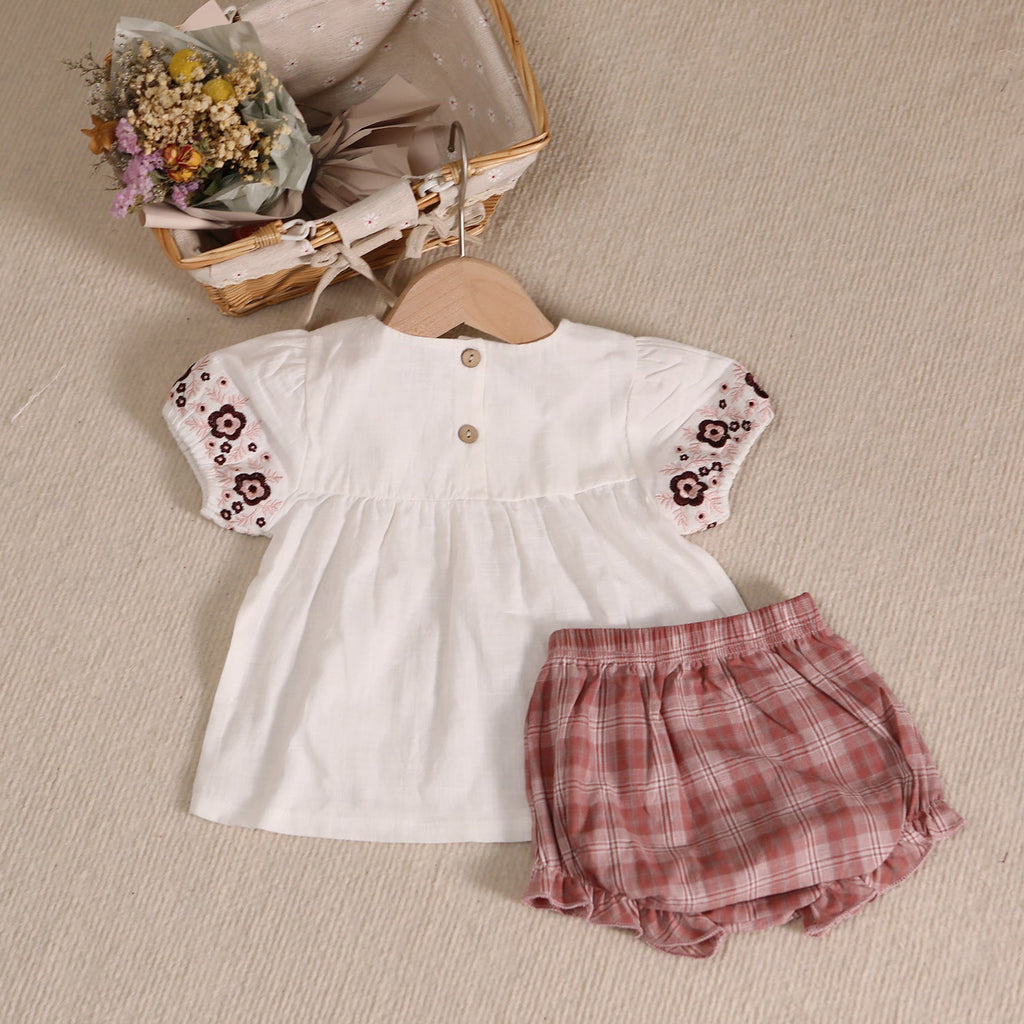 3-24months Baby Sets Children Baby Embroidery Shirt & Plaid Shorts Summer - PrettyKid