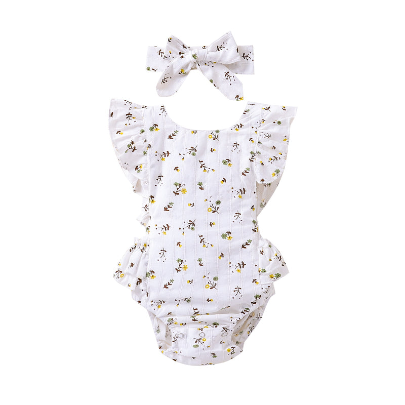 3-24M Baby Girls Floral Print Flutter Sleeve Bodysuit & Headband Wholesale Baby Boutique Clothing - PrettyKid