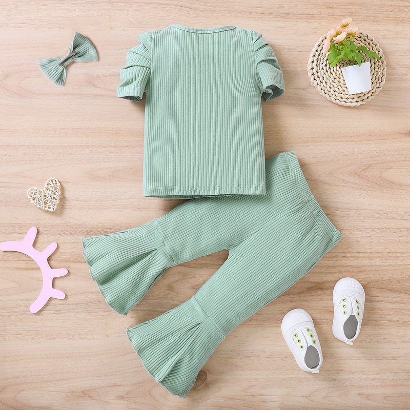 9M-4Y Baby Girl Outfit Sets Solid Ribbed Short-Sleeve Flared Pants Wholesale Baby Boutique Clothing - PrettyKid