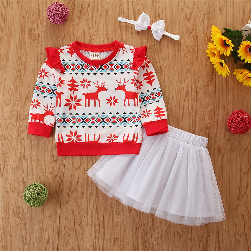 Christmas Elk Print Top And Mesh Skirt And Headband 2 Piece Toddler Girl Sets - PrettyKid