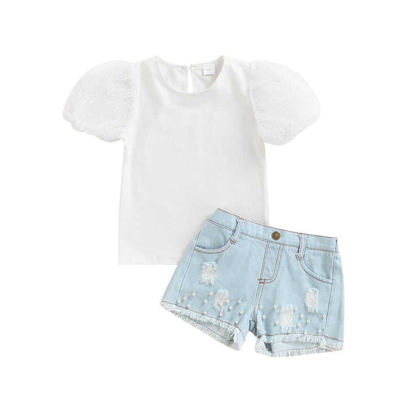 Baby Girl Mesh Puff Sleeve Top And Denim Shorts Two Piece Baby Sets - PrettyKid