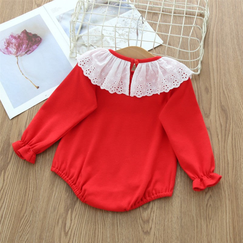 Baby Red One Piece Clothes Crew Neck Lace Stitching Wholesale Baby Onesies - PrettyKid
